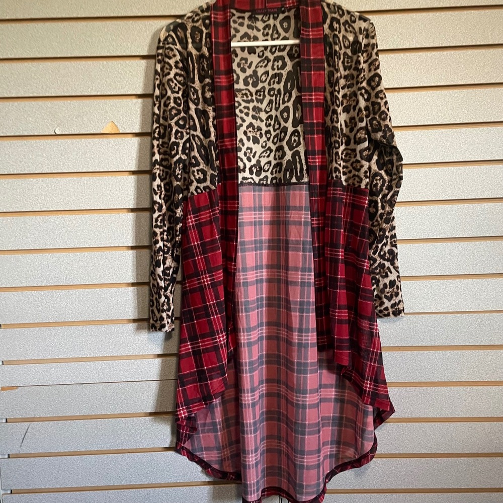 Crazy Train Leopard Plaid Print Open Front Cardigan Duster Medium